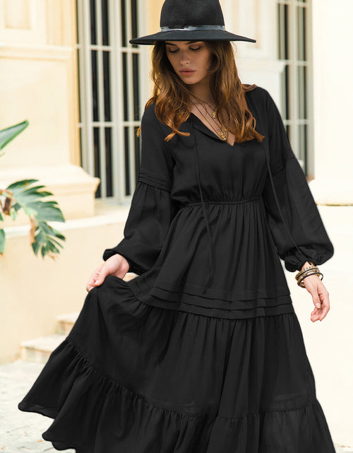 Load image into Gallery viewer, Tie Neck Long Sleeve Midi Tiered Dress
