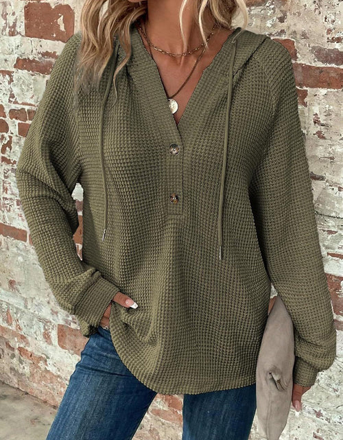 Load image into Gallery viewer, Waffle Knit Long Sleeve Drawstring Hooded Top
