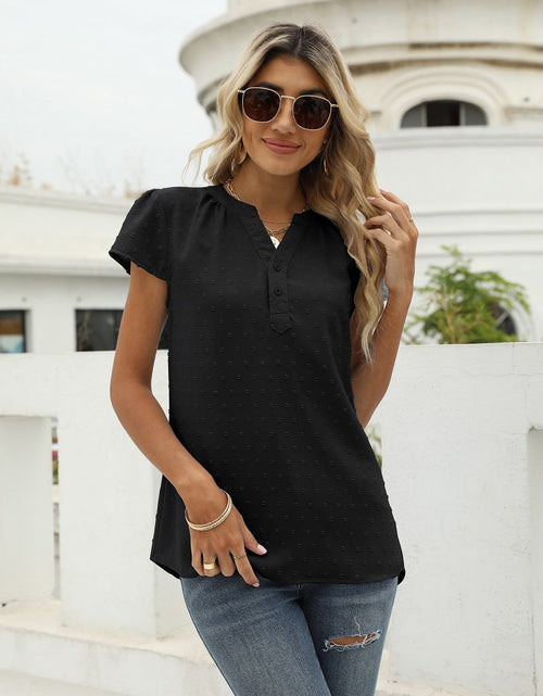 Load image into Gallery viewer, Swiss Dot Notched Neck Short Sleeve Top
