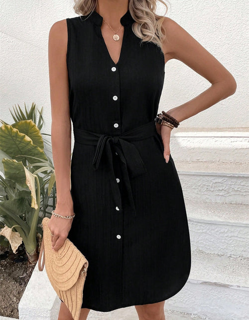 Load image into Gallery viewer, Tied Buttoned Up Notched Sleeveless Dress
