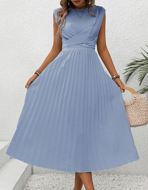Load image into Gallery viewer, Perfee Pleated Round Neck Cap Sleeve Dress
