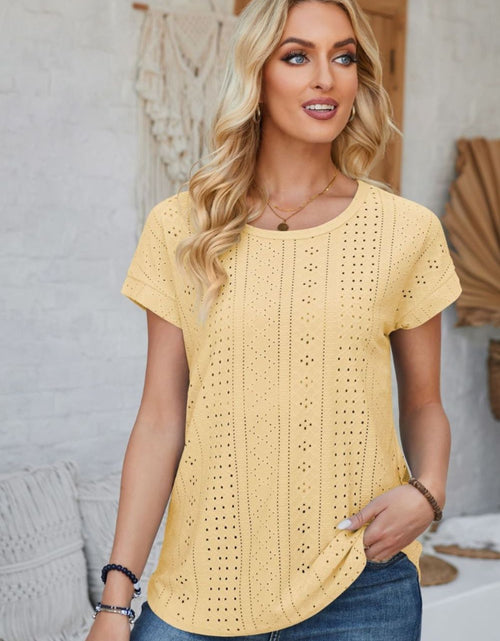 Load image into Gallery viewer, Eyelet Round Neck Rolled Short Sleeve T-Shirt
