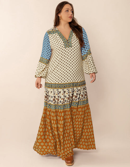 Load image into Gallery viewer, Plus Size Printed V-Neck Balloon Sleeve Maxi Dress
