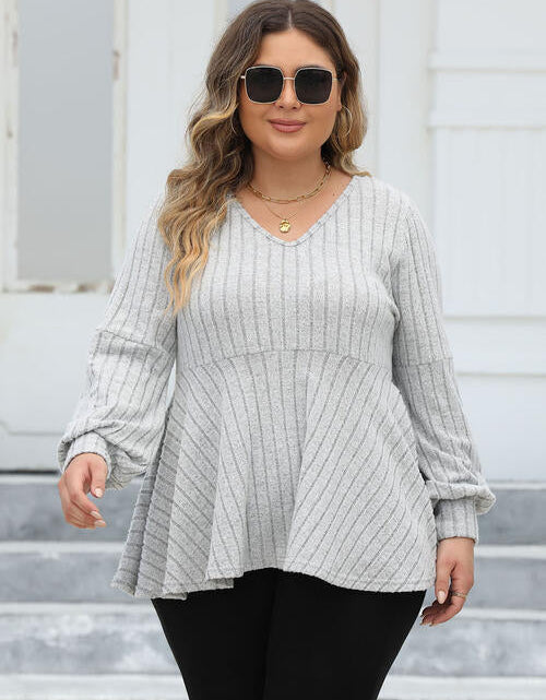Load image into Gallery viewer, Plus Size Ribbed V-Neck Long Sleeve Blouse
