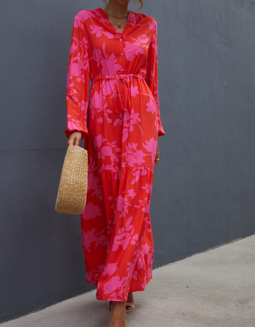Load image into Gallery viewer, Floral Drawstring Waist Long Sleeve Dress
