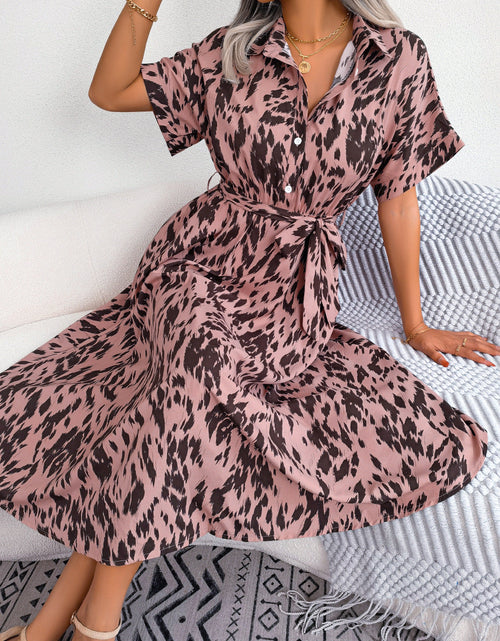 Load image into Gallery viewer, Printed Collared Neck Short Sleeve Tie Waist Dress
