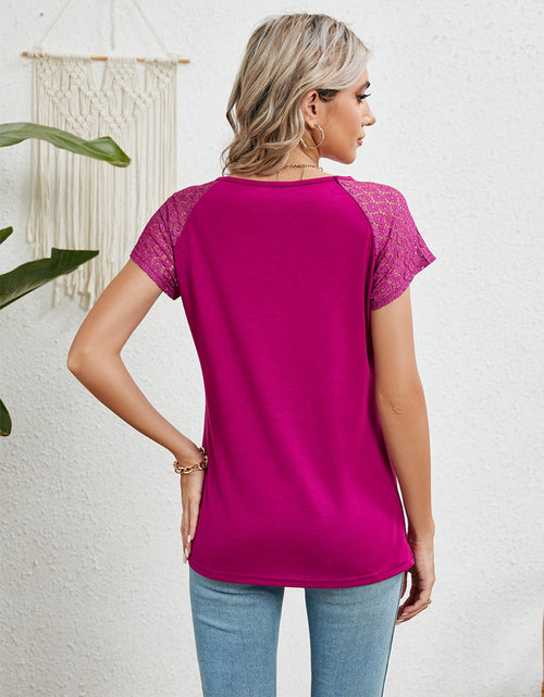 Load image into Gallery viewer, Lace Detail Round Neck Short Sleeve T-Shirt
