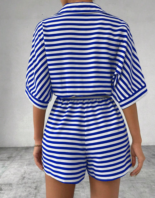 Load image into Gallery viewer, Tie Waist Half Button Striped Romper
