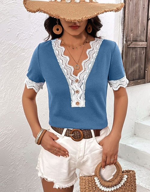 Load image into Gallery viewer, Ivy Lane Decorative Button Spliced Lace Short Sleeve Top
