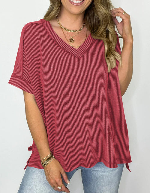 Load image into Gallery viewer, Cord Ribbed V-Neck Short Sleeve T-Shirt
