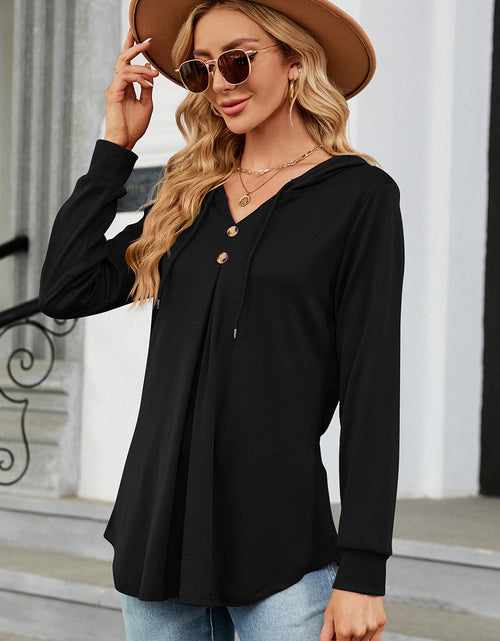 Load image into Gallery viewer, Decorative Button Drawstring Long Sleeve Hoodie

