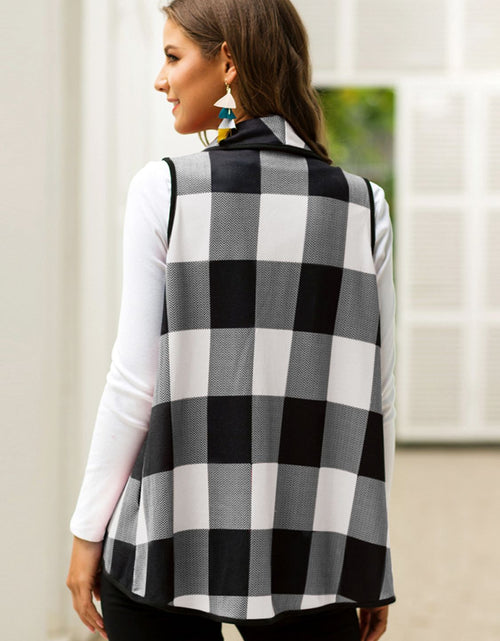 Load image into Gallery viewer, Shiny Plaid Open Front Sleeveless Cardigan
