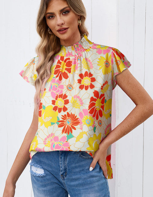 Load image into Gallery viewer, Floral Frill Neck Smocked Flutter Sleeve Blouse
