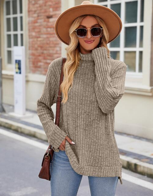 Load image into Gallery viewer, Ribbed Turtleneck Long Sleeve Slit Knit Top
