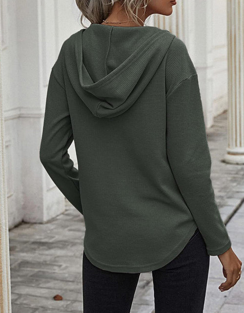 Load image into Gallery viewer, Drawstring Waffle Knit Long Sleeve Hooded Top
