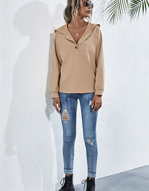 Load image into Gallery viewer, Buttoned Raglan Sleeve Hooded Blouse
