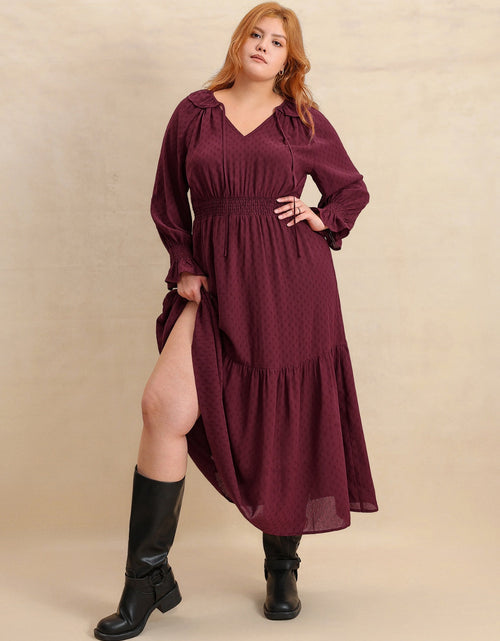 Load image into Gallery viewer, Plus Size Swiss Dot Tie Neck Flounce Sleeve Maxi Dress
