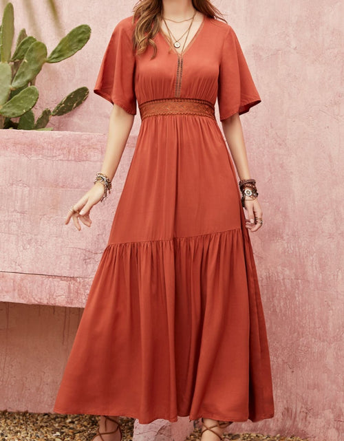 Load image into Gallery viewer, Lace Detail V-Neck Half Sleeve Midi Dress

