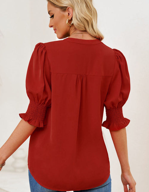 Load image into Gallery viewer, Smocked Flounce Sleeve Notched Neck Blouse
