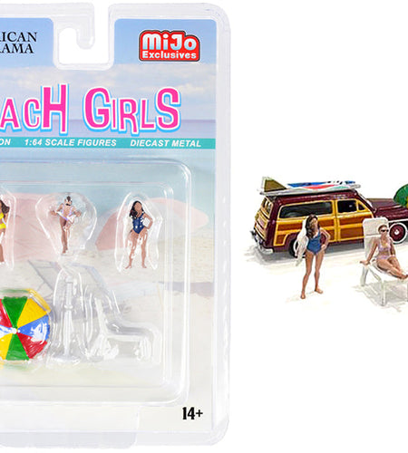 "Beach Girls" 5 piece Diecast Set (3 Figurines 1 Beach Chaise and 1 Beach Umbrella) for 1/64 Scale Models by American Diorama