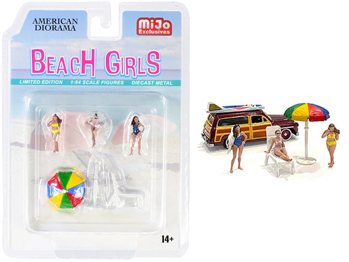 Load image into Gallery viewer, "Beach Girls" 5 piece Diecast Set (3 Figurines 1 Beach Chaise and 1 Beach Umbrella) for 1/64 Scale Models by American Diorama
