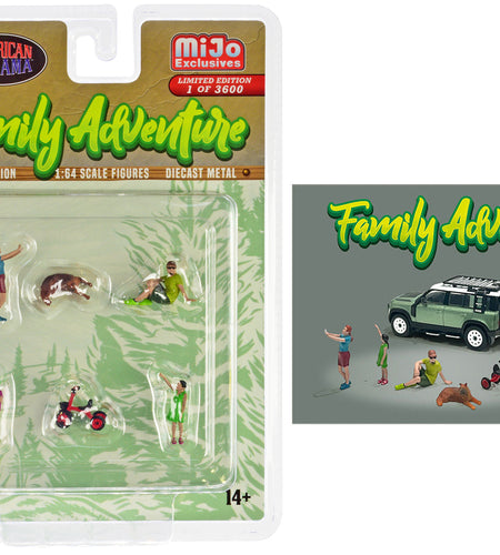 "Family Adventure" 6 piece Diecast Figure Set (4 Figures 1 Dog 1 Tricycle) Limited Edition to 3600 pieces Worldwide 1/64 Scale Models by American Diorama