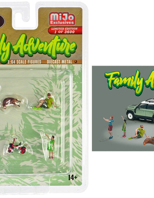 Load image into Gallery viewer, "Family Adventure" 6 piece Diecast Figure Set (4 Figures 1 Dog 1 Tricycle) Limited Edition to 3600 pieces Worldwide 1/64 Scale Models by American Diorama
