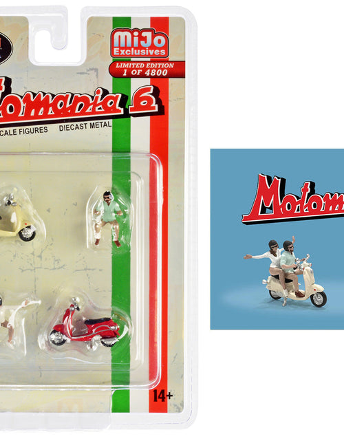 Load image into Gallery viewer, "Motomania 6" 4 piece Diecast Figure Set (2 Figures 2 Scooters) Limited Edition to 4800 pieces Worldwide 1/64 Scale Models by American Diorama
