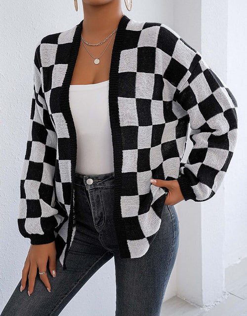 Load image into Gallery viewer, Checkered Open Front Long Sleeve Cardigan
