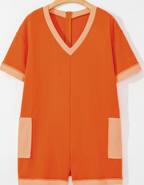 Load image into Gallery viewer, Two-Tone Short Sleeve V Neck Patched Pocket Romper
