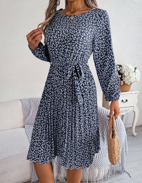 Load image into Gallery viewer, Ditsy Floral Tie Waist Pleated Dress
