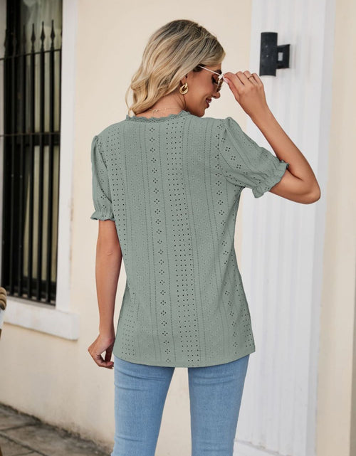 Load image into Gallery viewer, Eyelet Flounce Sleeve Scalloped V-Neck Top
