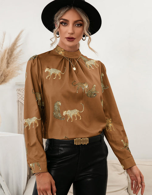 Load image into Gallery viewer, Ivy Lane Leopard Graphic Mock Neck Puff Sleeve Blouse

