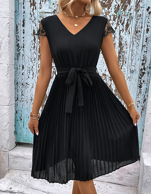Load image into Gallery viewer, Perfee V-Neck Tie Belt Pleated Dress
