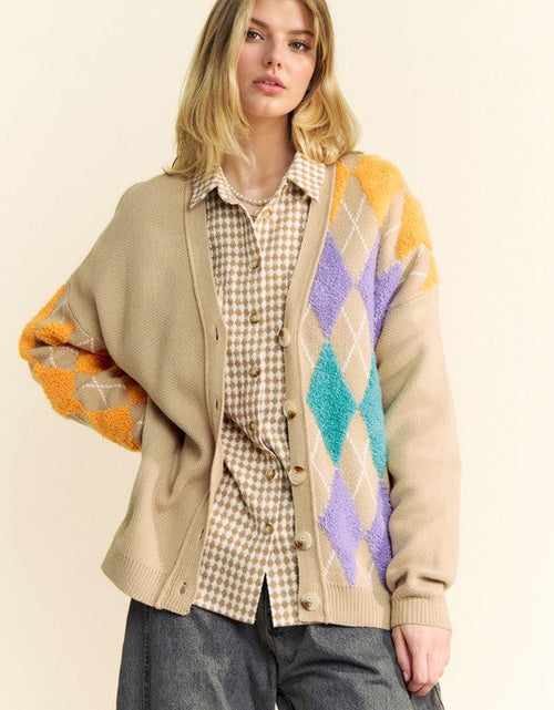 Load image into Gallery viewer, Davi &amp; Dani Argyle V-Neck Dropped Shoulder Cardigan
