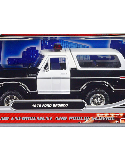 Load image into Gallery viewer, 1978 Ford Bronco Police Car Unmarked Black and White "Law Enforcement and Public Service" Series 1/24 Diecast Model Car by Motormax
