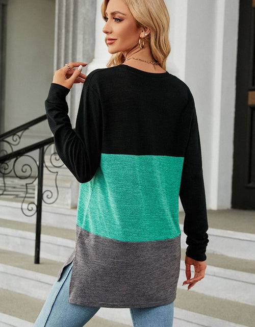 Load image into Gallery viewer, Color Block Round Neck Long Sleeve Slit T-Shirt
