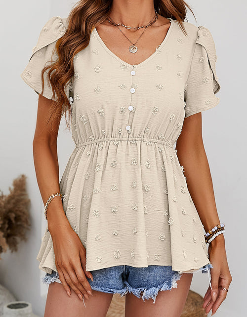 Load image into Gallery viewer, Swiss Dot Buttoned Petal Sleeve Peplum Blouse
