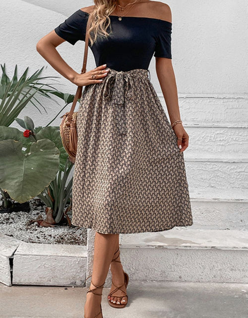 Load image into Gallery viewer, Perfee Printed Tie Belt Off-Shoulder Dress

