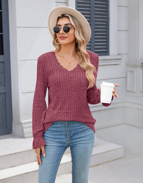 Load image into Gallery viewer, Lace Detail V-Neck Long Sleeve T-Shirt
