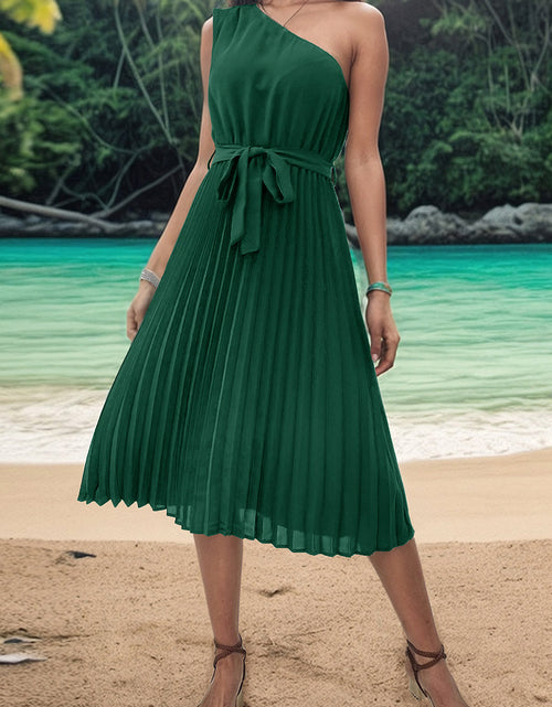Load image into Gallery viewer, Perfee Pleated Single Shoulder Tie Waist Midi Dress
