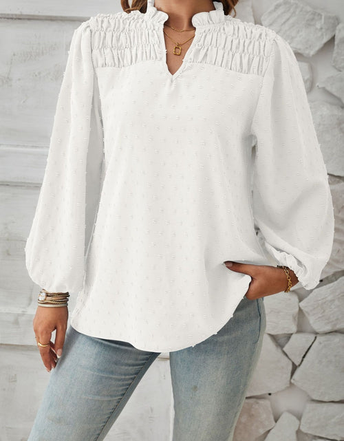Load image into Gallery viewer, Ruched Swiss Dot Notched Balloon Sleeve T-Shirt
