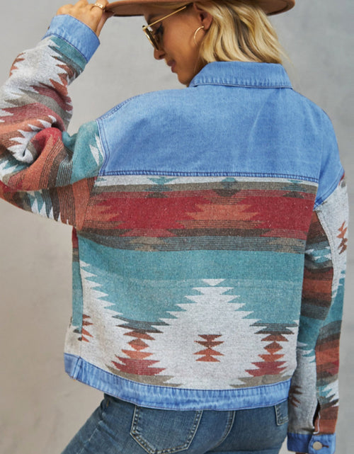 Load image into Gallery viewer, Geometric Button Up Dropped Shoulder Denim Jacket
