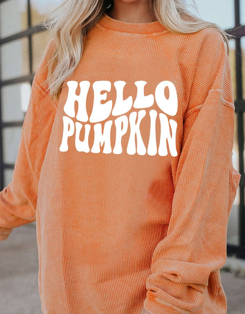 Load image into Gallery viewer, Round Neck Dropped Shoulder HELLO PUMPKIN Graphic Sweatshirt
