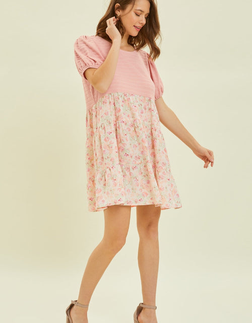 Load image into Gallery viewer, HEYSON Full Size Round Neck Floral Ruffle Hem Mini Dress
