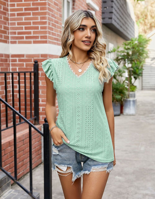 Load image into Gallery viewer, Eyelet Flutter Sleeve Scalloped V-Neck Top
