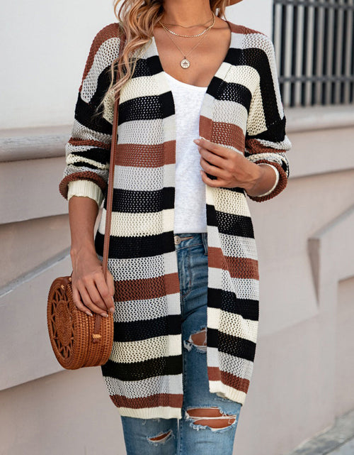 Load image into Gallery viewer, Full Size Striped Long Sleeve Openwork Cardigan
