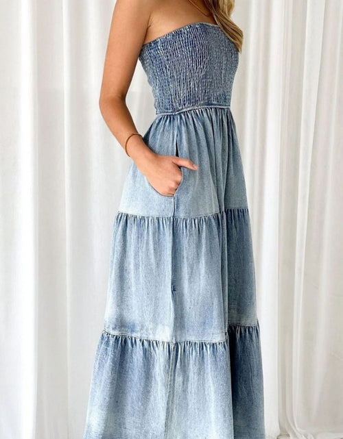 Load image into Gallery viewer, Smocked Tube Slit Tiered Denim Dress
