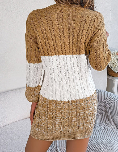 Load image into Gallery viewer, Cable-Knit Round Neck Color Block Sweater Dress
