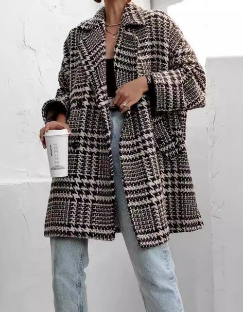 Load image into Gallery viewer, Houndstooth Collared Neck Long Sleeve Coat with Pockets
